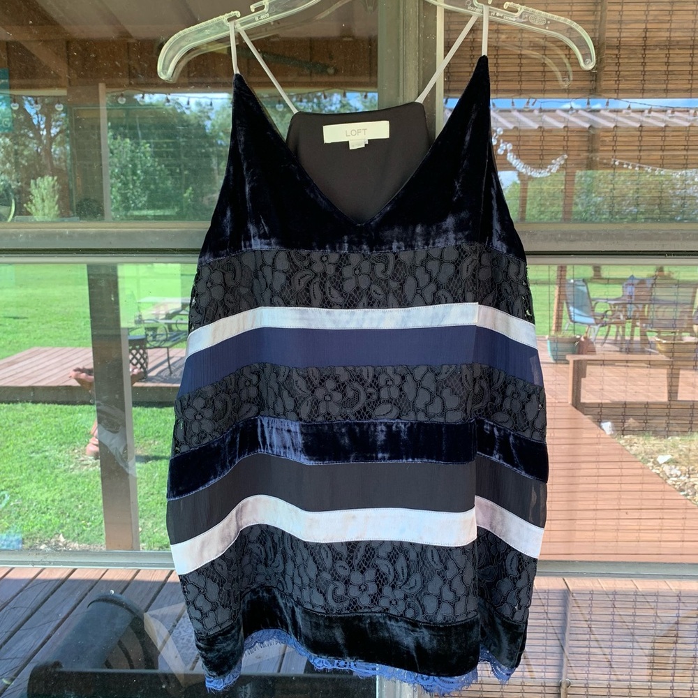Loft Camisole Tank Top Blue Black Grey Lace Velvet  Size S